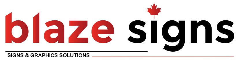 Blaze Signs logo featuring bold red and black text with "SIGN & GRAPHICS SOLUTIONS" tagline and a Canadian maple leaf, representing a signage and graphics solutions company in Langley, BC.